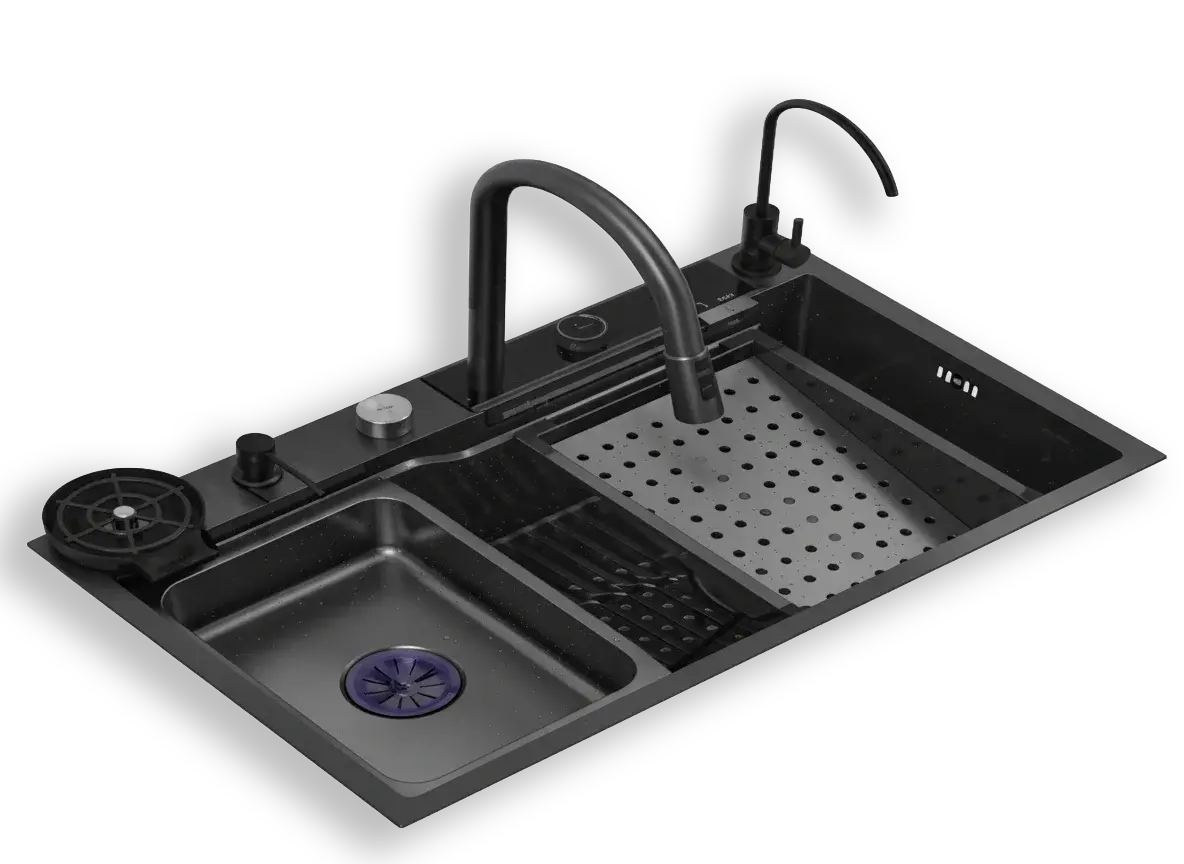 FREGADERO GRAFITO ANTIRAYADURAS DE 800X460X220MM ACERO INOXIDABLE ESPESOR DE 0,8MM INCLUYE DISPENSADOR DE JABÓN, FILTRO DE AGUA, LAVA VASOS,TABLA DE CORTAR VERDURAS, MEDIDOR DE TEMPERATURA LED (ENERGIZADO CON FLUJO DEL AGUA),ESCURRIDOR METALICO, SOPAPAS Y SIFÓN